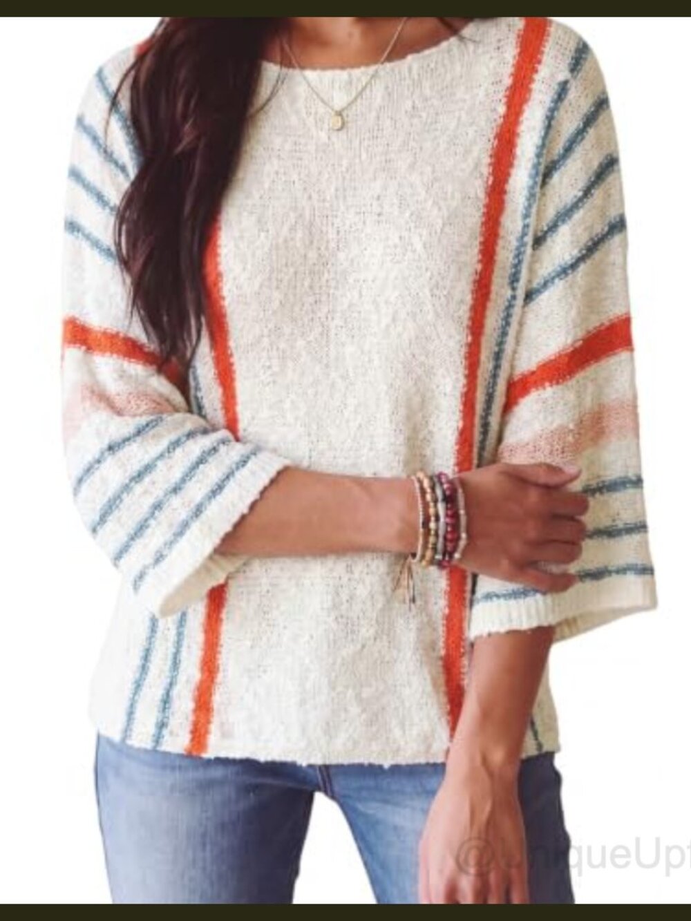 Womens Crewneck 3/4 Sleeve Knit Pullover Sweater Lightweight